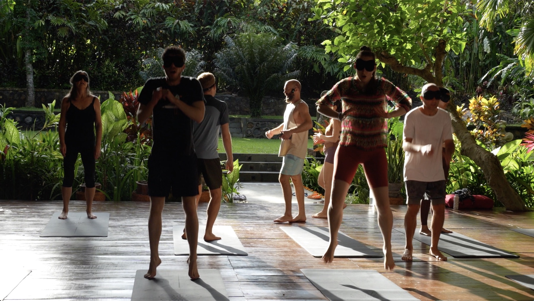 Participants exploring movement outdoors with their eyes covered